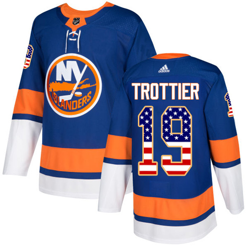 Adidas Islanders #19 Bryan Trottier Royal Blue Home Authentic USA Flag Stitched NHL Jersey - Click Image to Close